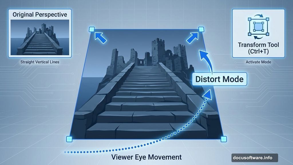 Transform and distort tools create upward perspective in castle interior