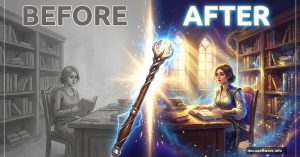 Before and after transformation of flat fantasy scene into dramatic glowing art