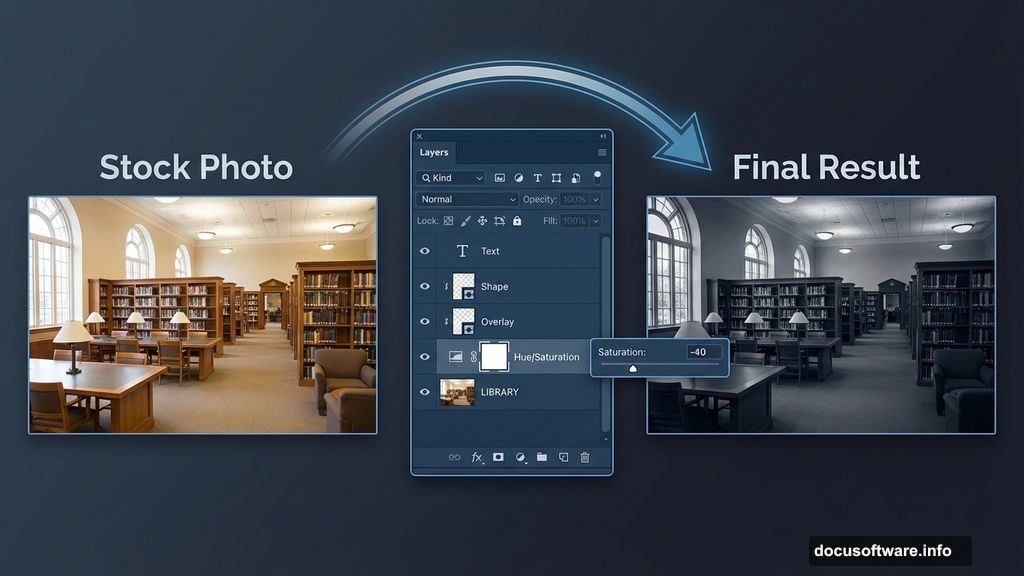 Desaturating library stock photo using Hue Saturation adjustment layer clipping mask