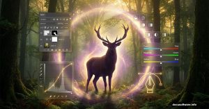Mystical deer in forest with Photoshop editing tools overlay