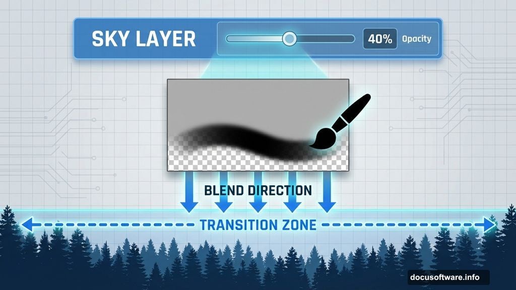 Layer mask with soft brush blends sky transition smoothly at forty percent opacity
