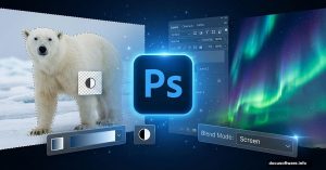 Photoshop logo with polar bear and aurora image editing tutorial