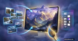 Epic fantasy mountain landscape emerging from Photoshop with source images