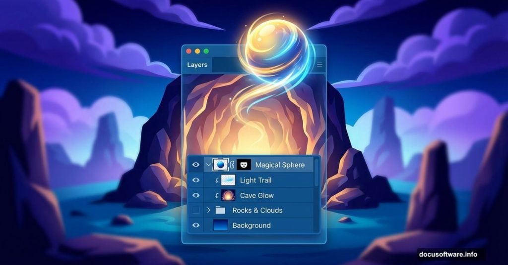 Photoshop layers panel floating over mystical cave with levitating sphere