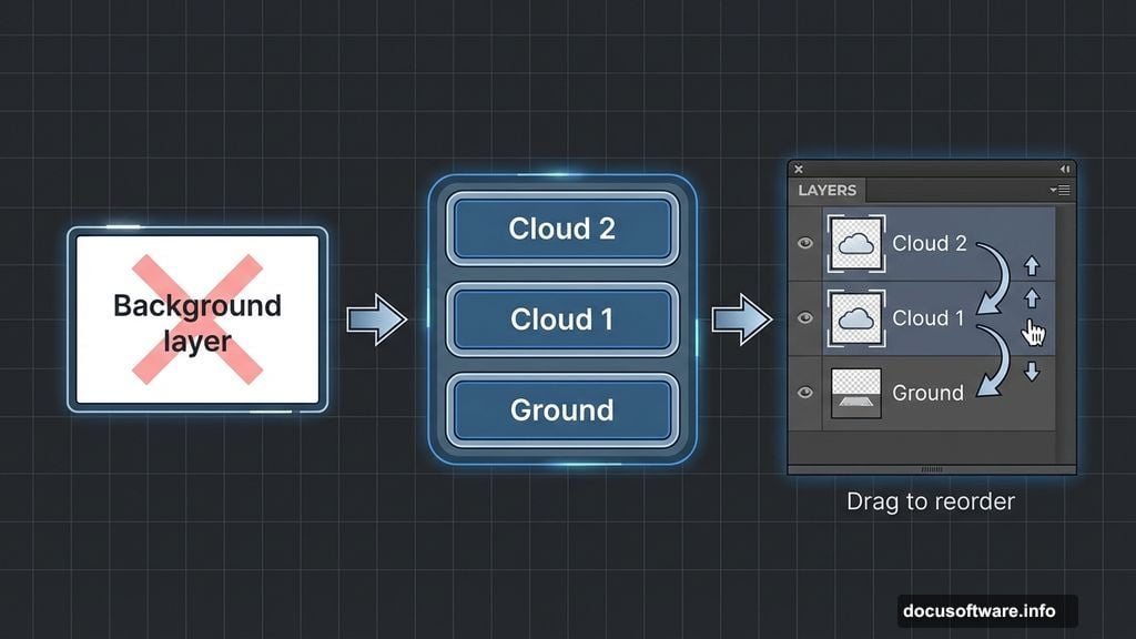 Reorder layers and delete background in Photoshop layers panel