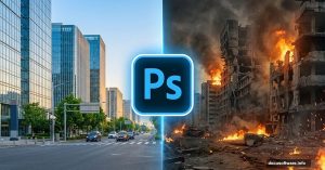 City street split view showing Photoshop transformation into war zone