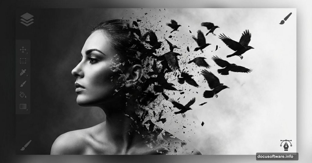 Portrait disintegrating into flying crows and debris particles in Photoshop