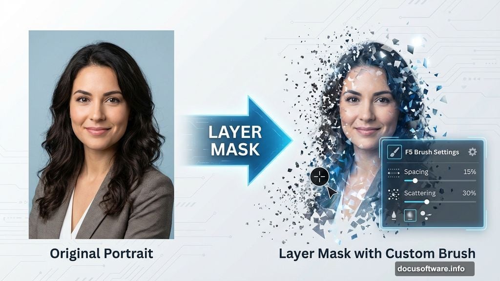 Layer mask with debris brushes creates portrait disintegration effect