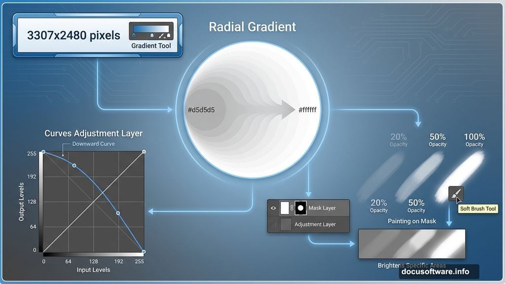Radial gradient and curves adjustment layer establish dark canvas atmosphere