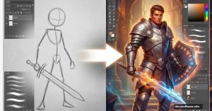 Simple sketch transforming into detailed fantasy warrior digital painting in Photoshop