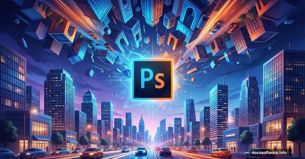 Photoshop logo transforming photos into surreal impossible architecture worlds