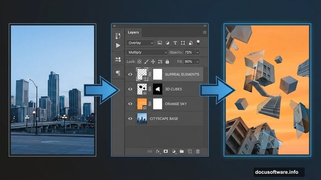 Layer blending and digital manipulation transform ordinary photos into surreal artwork