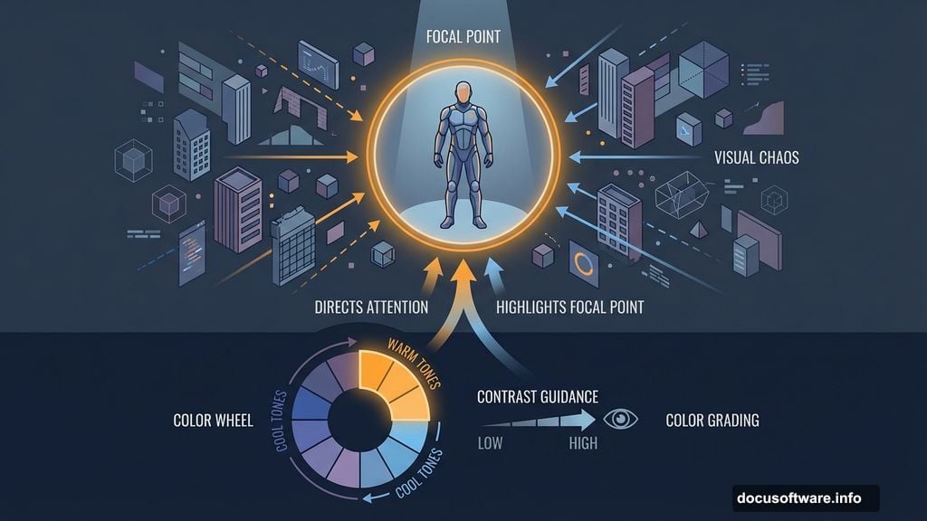 Balancing focal points while maintaining visual flow through contrast and placement