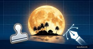 Giant moon over island with Photoshop Clone Stamp and Pen Tool icons