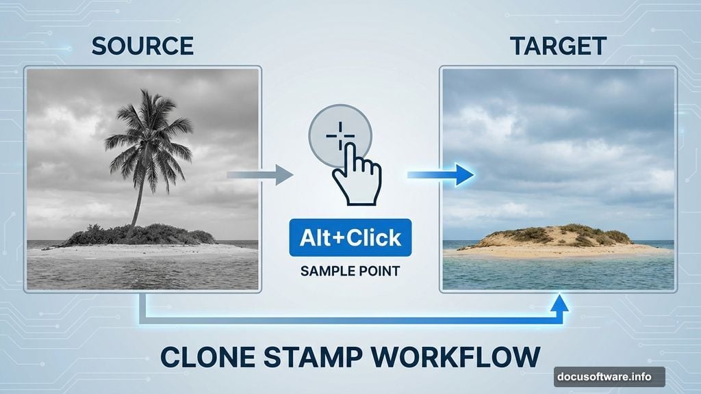 Clone Stamp tool removes unwanted objects by sampling and replacing