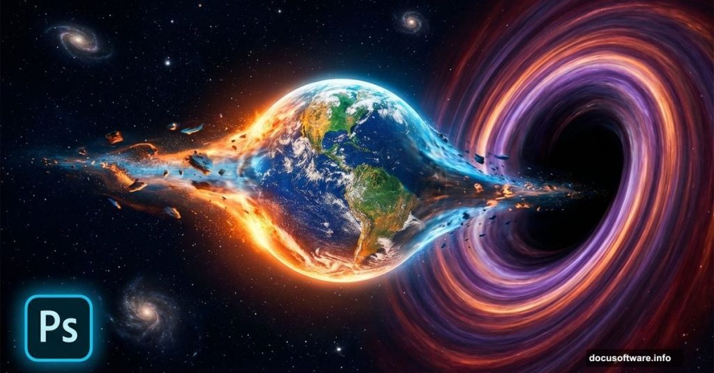Planet Earth being pulled into black hole Photoshop tutorial cover