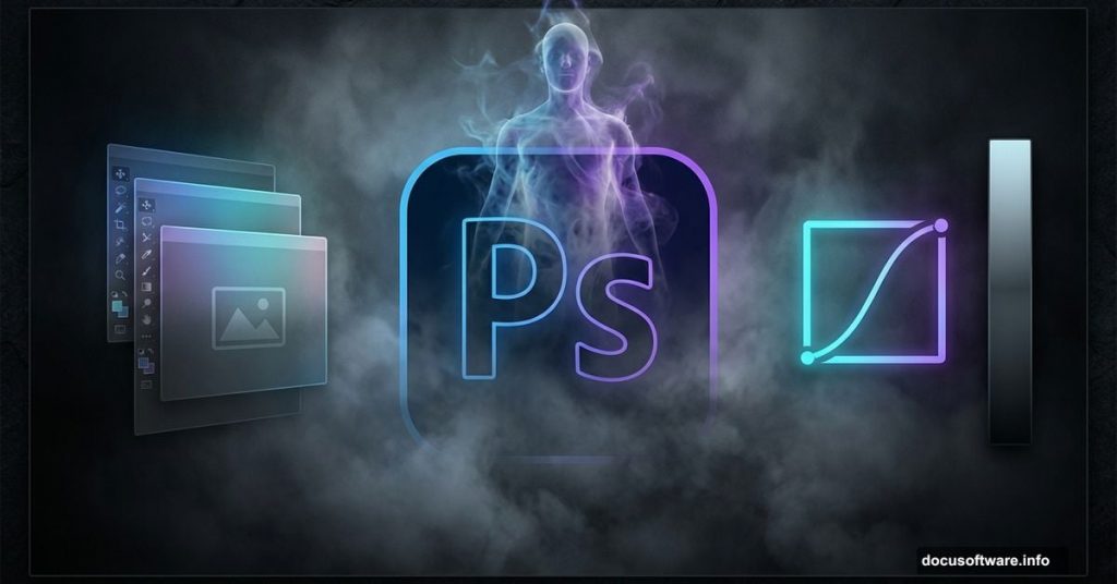 Photoshop logo with ghostly figure demonstrating dark atmospheric photo manipulation