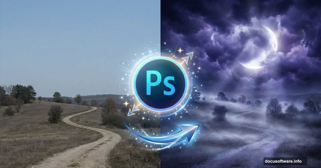 Boring landscape transforms into dramatic moonscape using Photoshop techniques