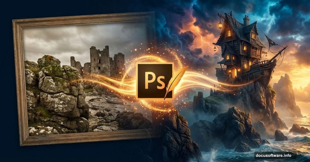 Photograph transforming into fantasy pirate scene through Photoshop logo