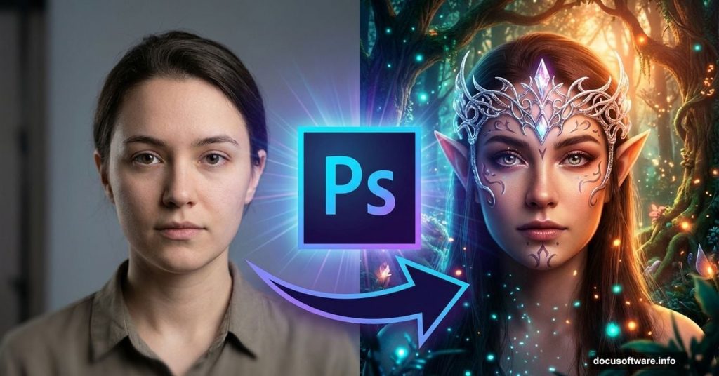 Portrait photo transforming into fantasy elf through Photoshop editing