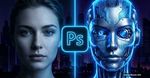 Human face transforming into glowing blue neon cyborg using Photoshop