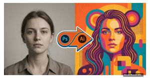 Photo transforming into colorful retro poster using Adobe tools