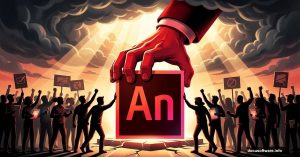 Adobe Animate logo protected by user protesters blocking corporate hand