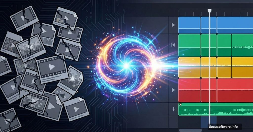Glowing AI spark organizing messy video clips into a neat editing timeline.