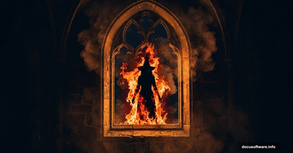 Burning witch silhouette in gothic window engulfed in dramatic flames