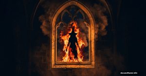 Burning witch silhouette in gothic window engulfed in dramatic flames