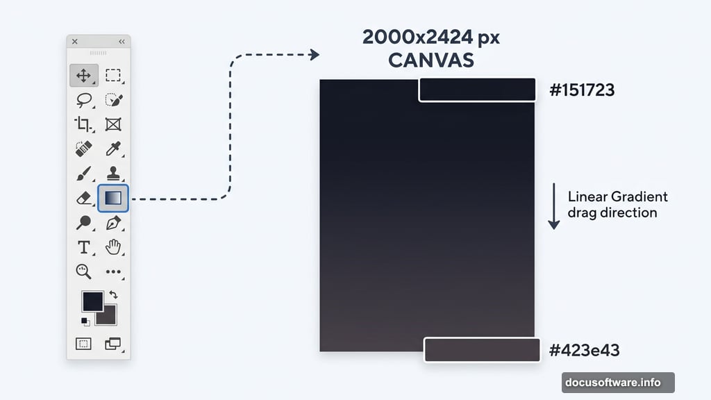 Photoshop canvas filled with dark navy-black to purple-grey gradient base