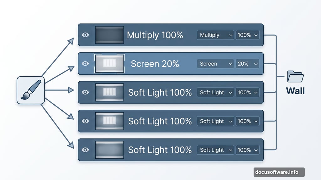 Photoshop layers stacked with Multiply, Screen, and Soft Light blending modes