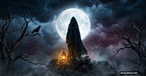 Mysterious cloaked figure on dark mountain with glowing moon and crow