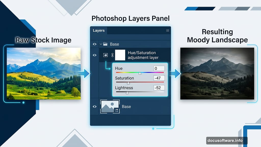 Hue/Saturation adjustment layer clips to base landscape group Photoshop