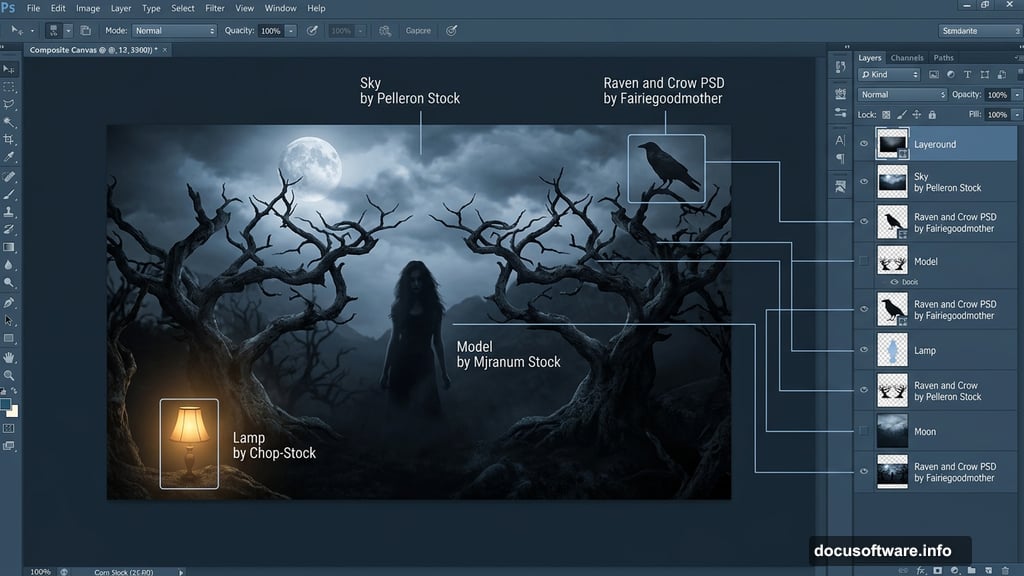 Creepy mountain composite scene with crow lamp model and twisted trees