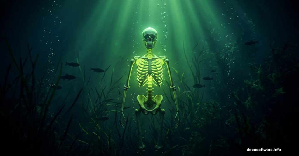 Glowing radioactive skeleton submerged in eerie green underwater scene