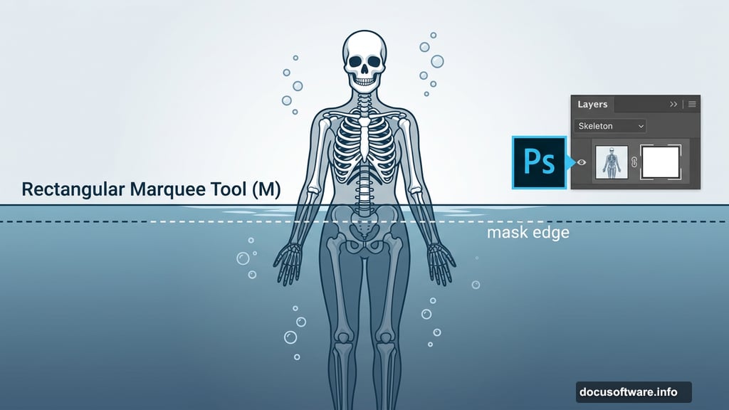 Skeleton model masked at waterline creating submerged figure illusion