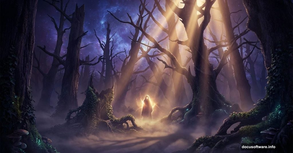 Dark mystic fog-filled forest with glowing light rays and silhouetted trees