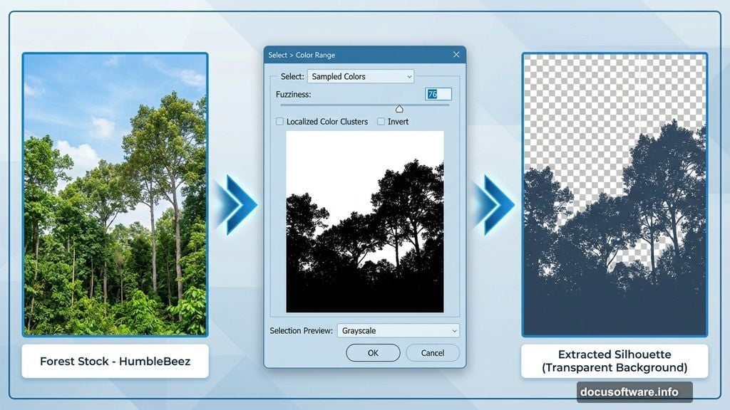 Color Range tool extracts forest by removing bright daytime sky