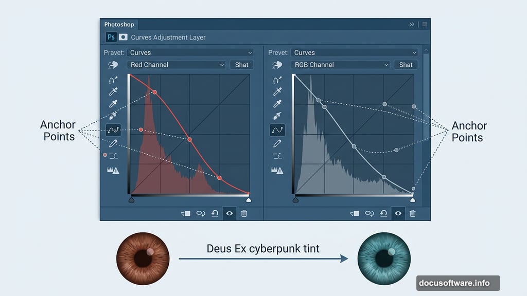 Curves Adjustment Layer adds blue-green cyberpunk tint to eye photo