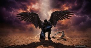 Dramatic fallen angel with dark wings in stormy desert landscape