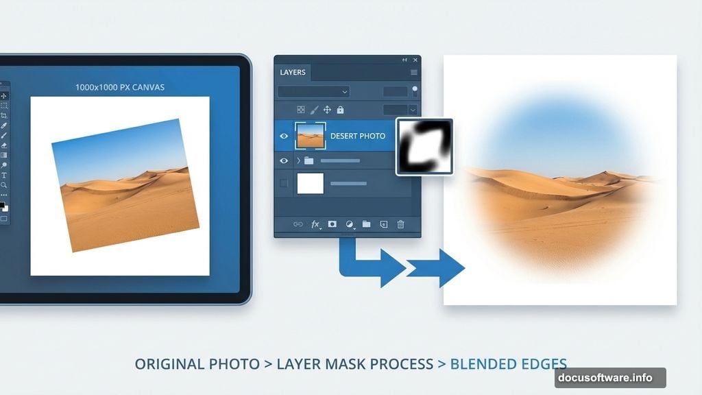 Desert layer mask with soft black brush blending feathered edges naturally