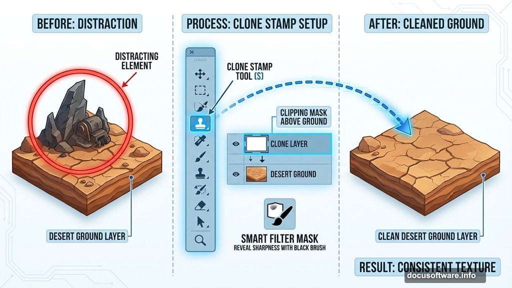 Clone Stamp Tool removes distractions on desert ground using clipping mask