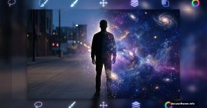 Human silhouette split between reality and surreal starry dreamscape in Photoshop