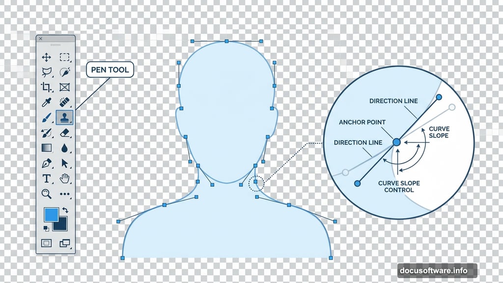 Pen tool path around human subject with anchor points along edges