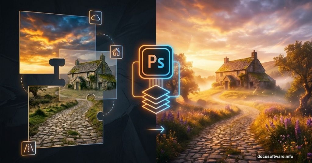 Photoshop layers merging into a dreamy sunrise old house scene