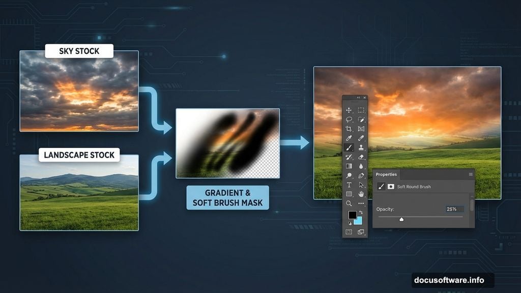 Layer mask with soft black brush blending landscape and sky stock photos