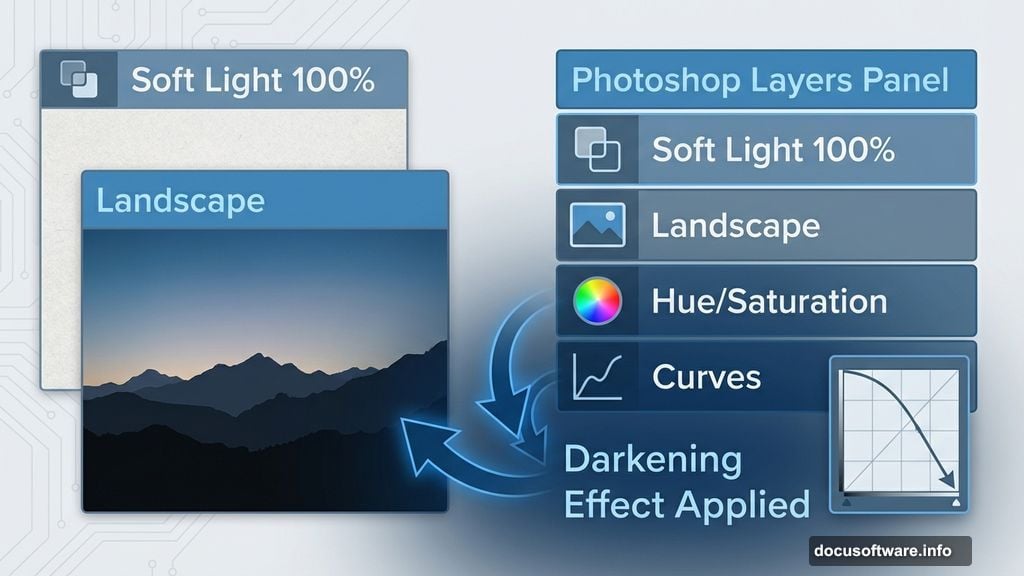 Photoshop Curves and Hue/Saturation adjustment layers darkening landscape background