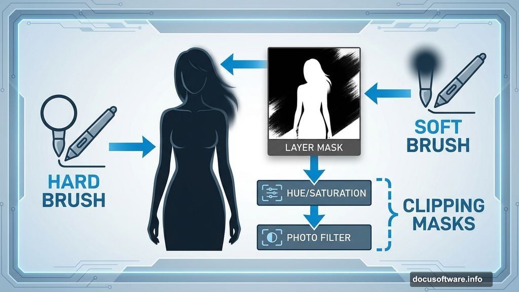 Layer mask and clipping masks color matching model to moody background scene