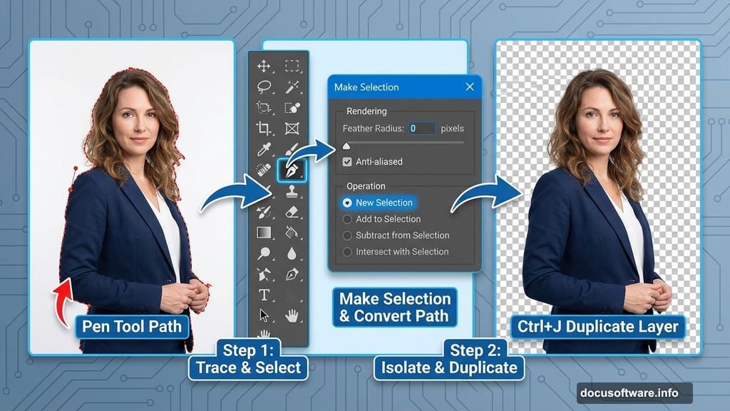 Pen tool traces model selection then Ctrl+J isolates her layer